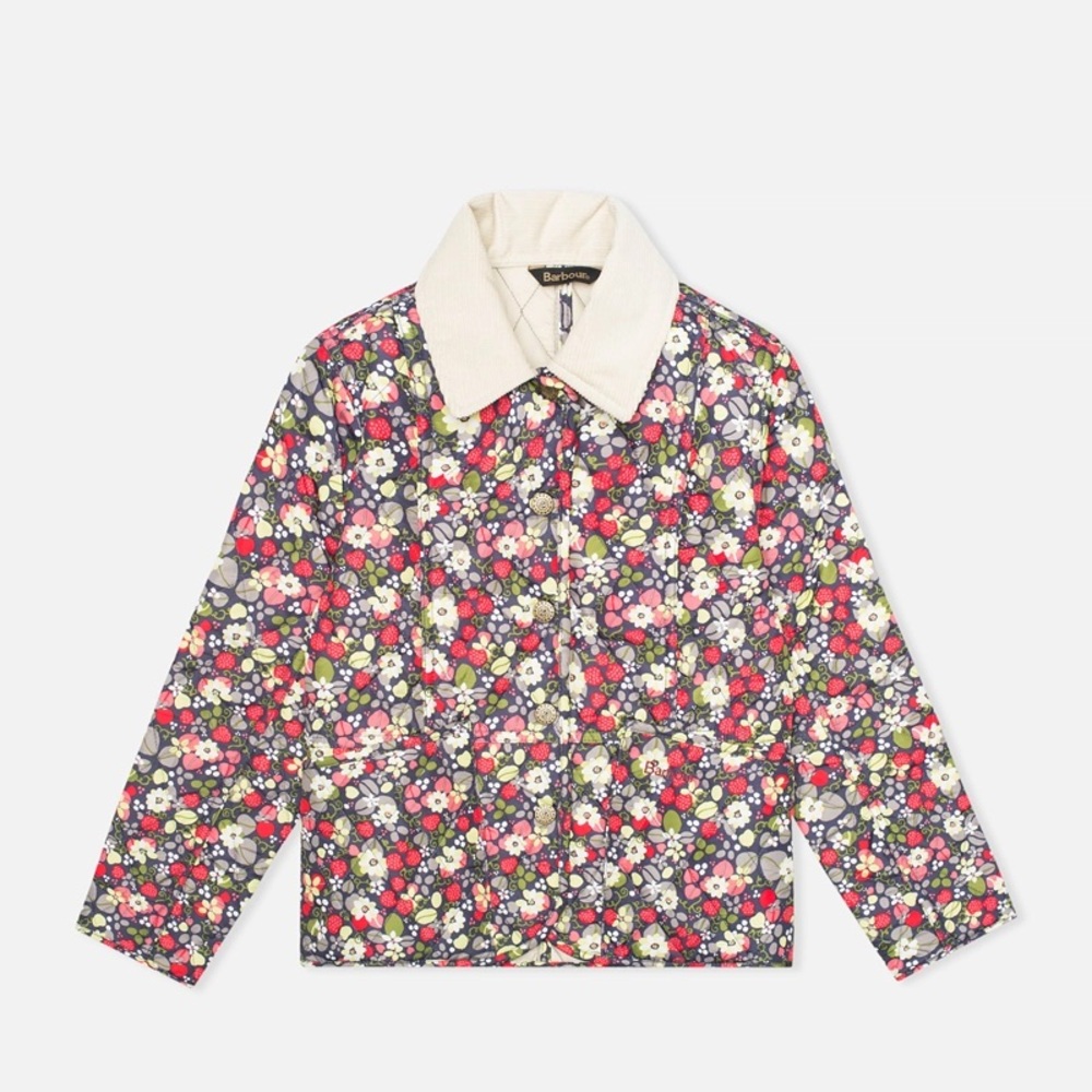 Girls Barbour Strawberry Floral Quilted Jacket with Cream Collar